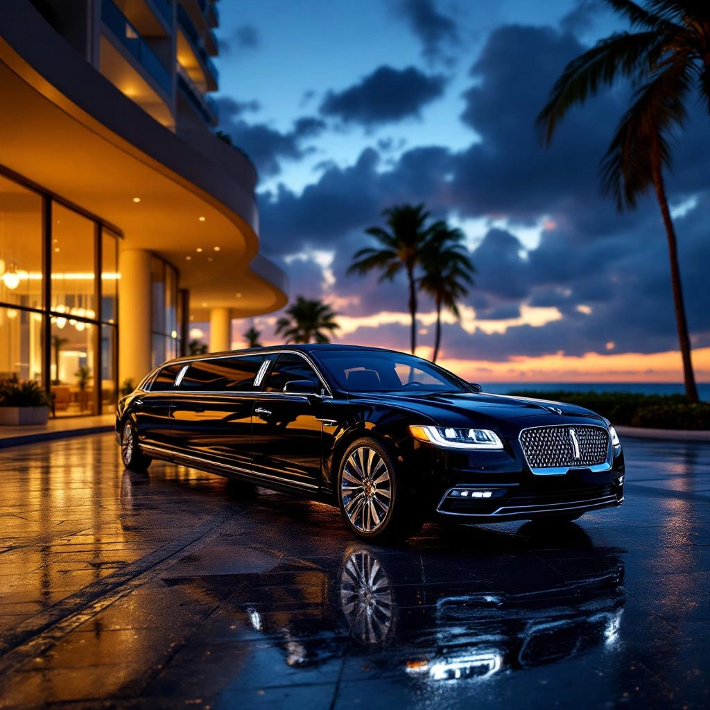 Luxury limousine in Miami at night